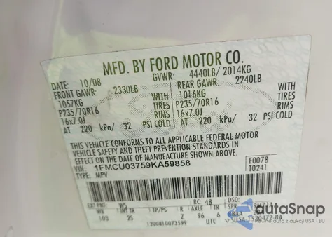 2009 Ford Escape Xlt z USA, uszkodzony, nr VIN 1FMCU03759KA59858